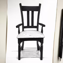 a wooden chair next to a drawing of a person