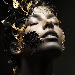 an artistic photograph shows gold and black colored substance surrounding a young woman