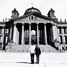 two people walk by a large building with many columns