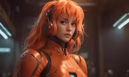a female cosplay in an orange leather outfit with headphones