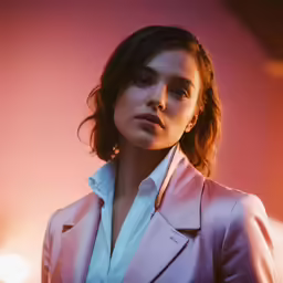 a woman in a white shirt wearing a pink blazer