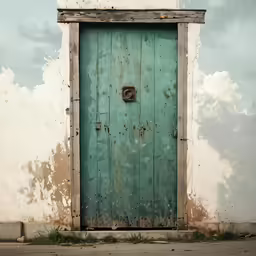 an old weathered door in front of a building