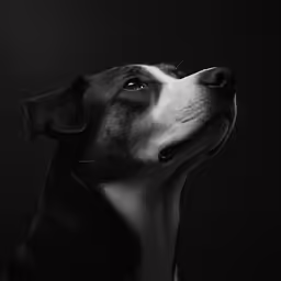 a dog looks up into the sky on a black background