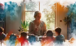 a woman speaking to children with smoke pouring from their faces