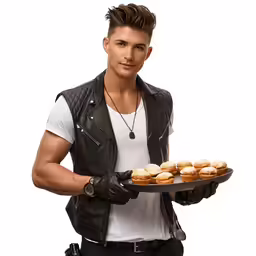 man holding tray with pastries on it in his hands