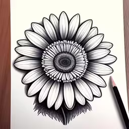 a black and white photo of a sunflower,a drawing of a black and white flower