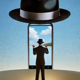 a man in a black hat and hat standing at the end of a phone