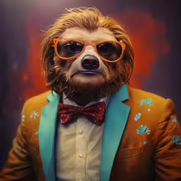 a person wearing a brown suit and blue tie with sunglasses