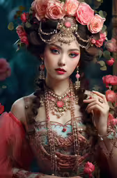 a woman in elaborate dress and roses on her head,the beautiful asian woman with long hair and roses in her hair