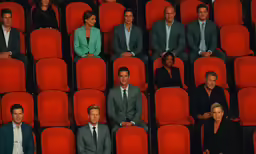 multiple people in suits sitting in red seats