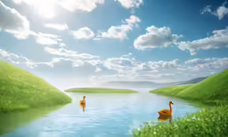 two swans swim together in a lake