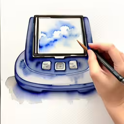 a person drawing a picture on a watercolor paper,a drawing of a picture of a tablet