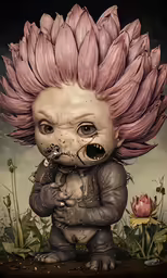 a strange creature with a weird flower in his hair