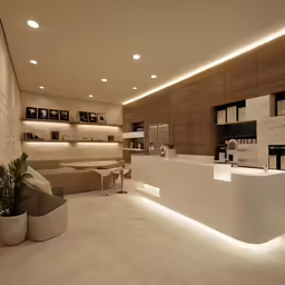 an empty room with chairs and a counter