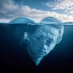 the woman is looking out under water with a sad look