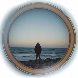 the person in the mirror is looking out on the water