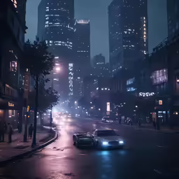 a night time photo shows two cars driving down the road