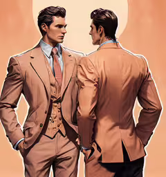 two men are dressed up in suits,two men in suits, one of them wearing a tie and the other wearing an orange suit
