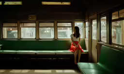 a woman that is sitting down by some seats