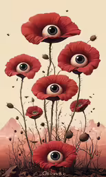 red flowers with large eyeballs sitting on top of them