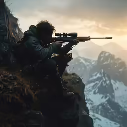man on cliff looking at camera with rifle