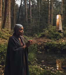 woman with black cloak standing on rocky path in forest