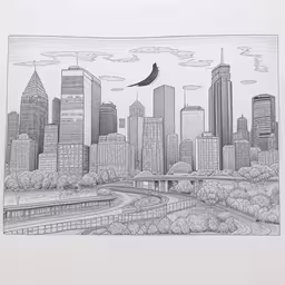 a pencil drawing of a bird flying in the air over a city,drawing of a bird with cityscape in the background,a black and white drawing of a bird flying over a city,an architectural print with a drawing of birds flying over a city,black and white drawing of the skyline of a city