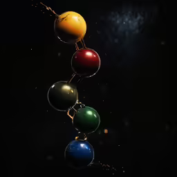 a black background is the subject of this photo, an image of a multi colored balls, connected to a chain