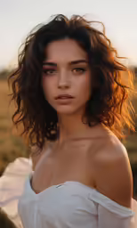 young woman with curly hair posing outdoors