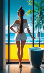the woman has long hair near the big window