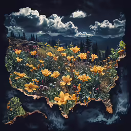 a colorful painting shows a bunch of flowers growing in the countryside