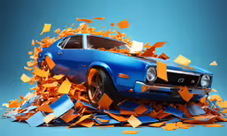 an old car in blue with orange and yellow debris around,the front end of an old blue muscle car being crushed with papers