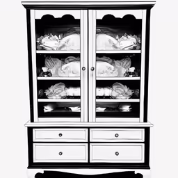 the sideboard is displaying a turkey with glass shelves