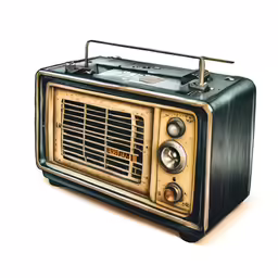 an old radio sits empty on a white background