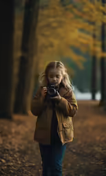 a little girl walking through the woods in front of trees