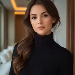 a beautiful woman in a black top standing by a bed