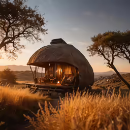 the exterior of a hut is lit up