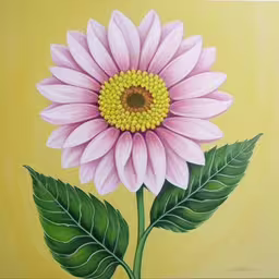 an oil painting with a large purple flower and green leaves,the painting is a flower with green leaves on it