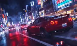 a group of people are riding in a red car