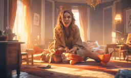 a woman is sitting on a bed with some shoes in her lap