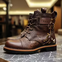 a pair of brown and black boots with leather upper laces