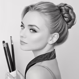 woman holding two pens and a pencil in one hand