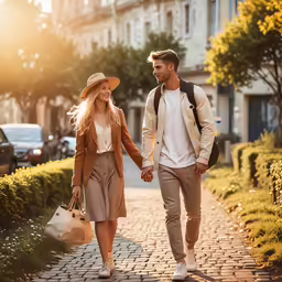 a beautiful woman and man walking down the sidewalk