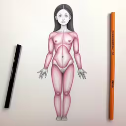 a pencil drawing of a woman with no panties and big breast,a drawing of a female naked with her body measurements drawn out