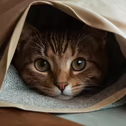 a brown and white cat is laying under a bag