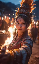 a woman dressed in a costume stands beside a group of people, which has bright lights