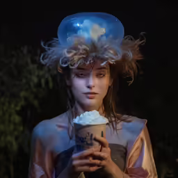 a woman with a bubble and frosty cup in her hand