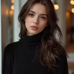 a young woman poses for a portrait in front of a window