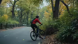 a woman is riding her bike down the road