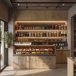 an empty counter and shelves filled with food